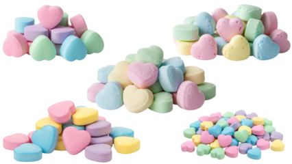 Close-Up of Five Piles of Pastel Candy Hearts, Valentine’s Day Sweet Treats