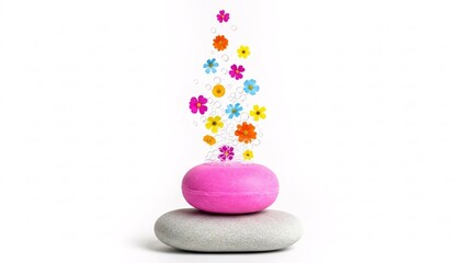 Vibrant pink stone with colorful flowers rising from it