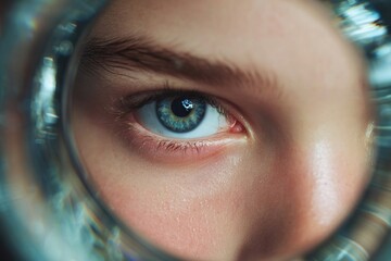 Close-up portrait of a child with striking blue eyes, gazing through a transparent glass lens, creating a captivating visual effect and emphasizing innocence and curiosity