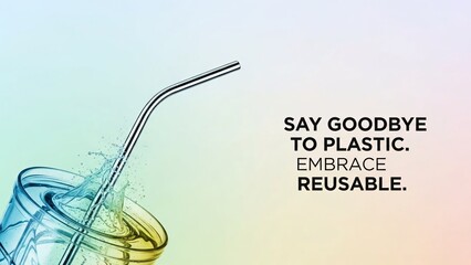 Reusable metal straw in glass with water splash