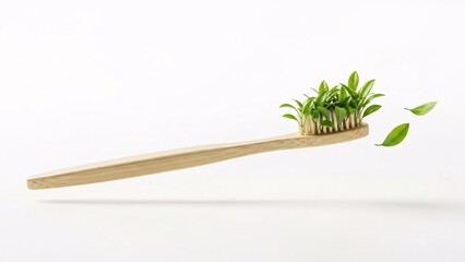 Eco-friendly bamboo toothbrush with green bristles and leaves