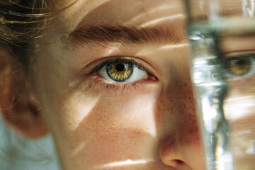 Close-up portrait of a child with striking blue eyes, gazing through a transparent glass lens, creating a captivating visual effect and emphasizing innocence and curiosity