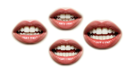 collection of human lips smiling with white teeth, beauty concepts, dental care, and facial expressions.