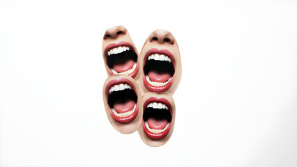 collage of several human mouths screaming, concept of strong emotions, sound, expression, and communication.