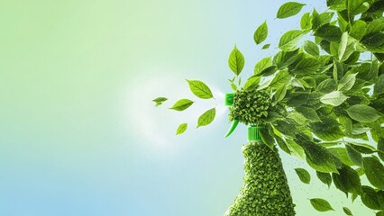 Eco-friendly spray bottle with leaves and green background