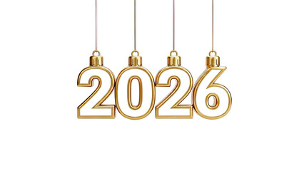 Golden 2026 hanging ornaments on a white background