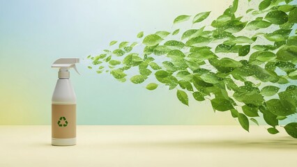 Eco friendly cleaning spray with green leaves emerging