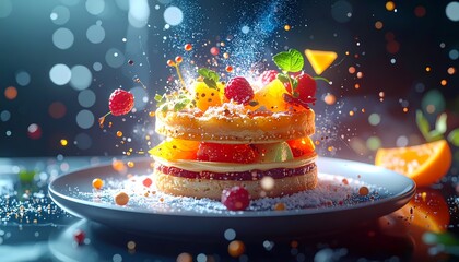 Gourmet Pancake Stack with Fruits and Sprinkles