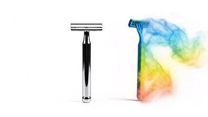 Two razors one metallic and one colorful with rainbow smoke