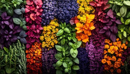 Vibrant Assortment of Culinary Herbs and Edible Flowers