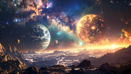 Alien Planet Landscape with Planets, Nebula, and Mountains