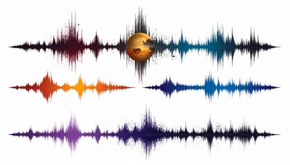 Four horizontal sound waveforms in gradient colors—black-blue, orange-red, blue-teal, and purple-black—float with a moon and heart icon.