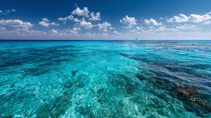An endless azure ocean under a brilliant sky, showcasing tranquil beauty and vastness. The water appears crystal-clear, reflecting the light from above. 