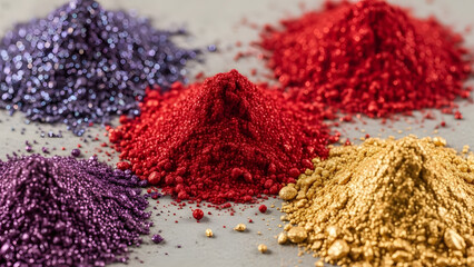 A macro shot of colorful red, purple, and gold pigment mounds.