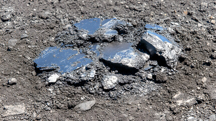 Fototapeta premium Raw molybdenum ore crystals on black shale with metallic reflections,showcasing strategic mineral resources and clean energy materials for industrial use.