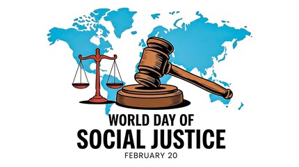 World day of social justice concept with judge gavel scales and world map illustration