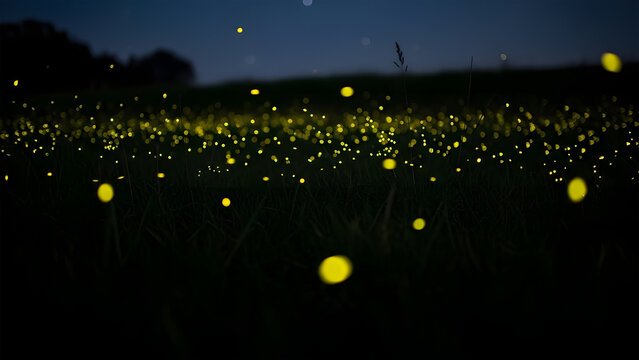 A magical field filled with glowing lightning bugs under a dark blue sky.