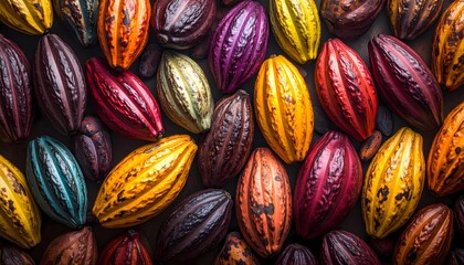 Colorful Cacao Pods Background. Fresh Cocoa Fruits. Chocolate Ingredient.