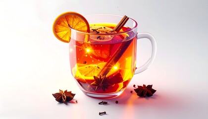 Warm, glowing drink with fruit, spices, and cinnamon stick in clear glass