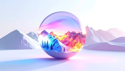 Majestic mountains landscape encased in a transparent sphere, surreal