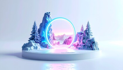 Winter scene with a neon circle, mountains, trees, and a podium