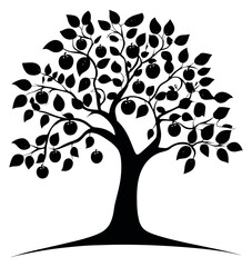 Hand drawn silhouette illustration of an apple tree depicting abundant fruit for nature and organic food concepts