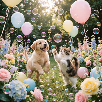 Puppy and Kitten Playing with Bubbles in Flower Garden