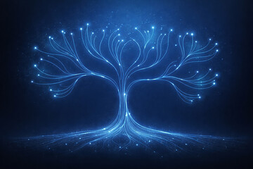 AI generated minimal blue energy tree formed by flowing light lines and glowing nodes on dark background symbolizing life flow connection balance and calm cosmic energy