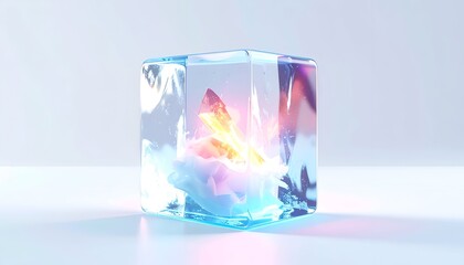 Crystal structure glowing inside a transparent, icy cube on a soft gradient