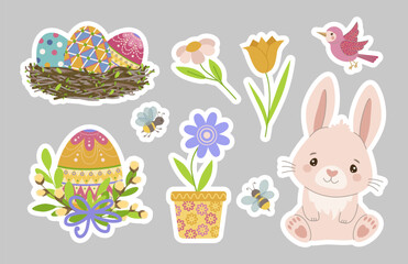 collection Charming vector illustration sticker featuring a cute Easter bunny, colorful decorated eggs in a nest, flowers, bees, and a bird. Perfect for celebrating spring and Easter themes.
