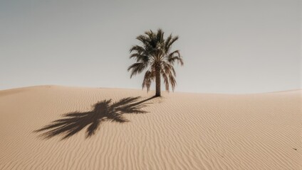 Solitary Palm Tree Casting Shadow on Desert Sand Dunes.