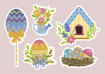 Vector collection illustration sticker featuring colorful Easter eggs decorated with ornate patterns next to a vibrant floral arrangement and a birdhouse, symbolizing spring and renewal.