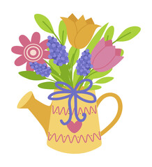 Colorful floral bouquet arranged in a decorative watering can with vibrant flowers and green leaves. Perfect for spring and garden-themed designs. Vector illustration for creative projects.