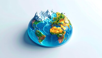 Miniature, cross-section of Earth globe with mountains, oceans, and landmass