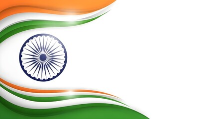 Stylized Indian flag background with wavy saffron, white, and green stripes featuring the Ashoka Chakra.