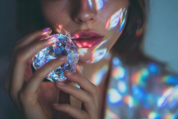 Close-up of a woman holding a crystal while colorful light reflections dance across her face, creating an ethereal atmosphere and highlighting her features in a captivating manner