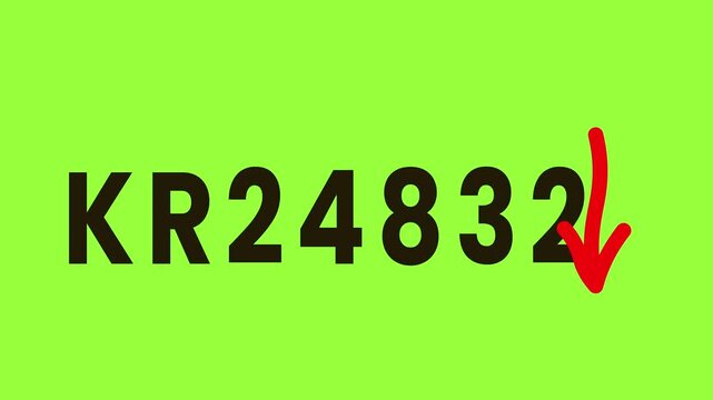 License plate number sequence changing over time against bright lime green background with simple red arrow animation indicating downward trend or motion