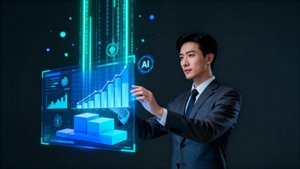 Businessman interacting with digital data visualization
