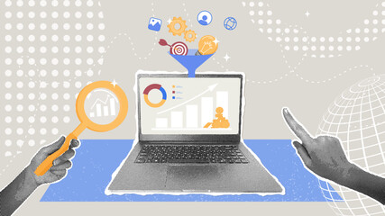 Data-driven business strategy and marketing funnel. Fashionable halftone collage. Concepts of analysis, information exploration, and validation.