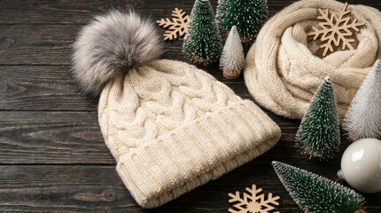 Festive Pair Of Knitted Hats Beside Christmas Tree Holiday Style
