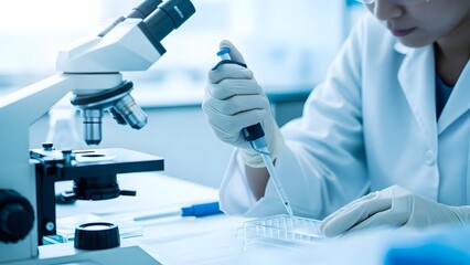Medical researcher precisely pipetting samples during a critical experiment in a high-tech science laboratory