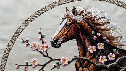 Brown horse with cherry blossoms in a decorative arch