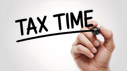 A hand writes TAX TIME using a black marker on a clean white background signaling a deadline