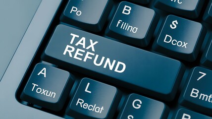 A large blue key on a computer keyboard prominently displays the words TAX REFUND in white letters