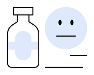 Healthcare, medical treatment, pharmaceuticals, emotional well-being, mental health, therapeutic care. A medication bottle beside a neutral face icon. Medical treatment and emotional well-being