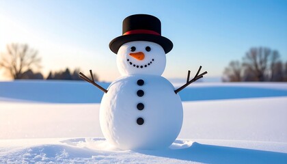 Obraz premium A cheerful snowman with a black top hat and blue scarf stands in a circular frame on snowy ground.