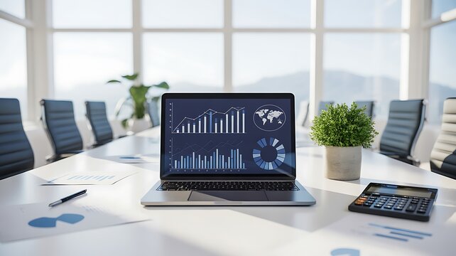 A modern laptop displays diverse financial charts and data on a bright conference room table with a plant - Powered by Adobe