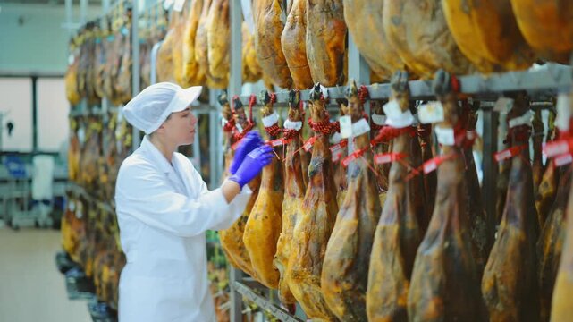 Girl employee checks jamon. Quality control, troubleshooting, search and elimination of violations. Meat processing plant. Hanging meat in production hall. 