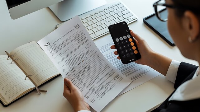 A person meticulously reviews a tax form while using a smartphone calculator for accurate financial computations