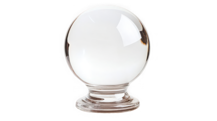 A crystal ball sits on a clear glass stand against a black background